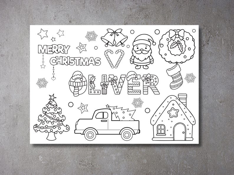 May include: A black and white printable colouring page with a Christmas theme. The page features a Christmas tree, Santa Claus, a gingerbread house, a truck with a Christmas tree in the back, a wreath, a stocking, and the words "Merry Christmas Oliver".
