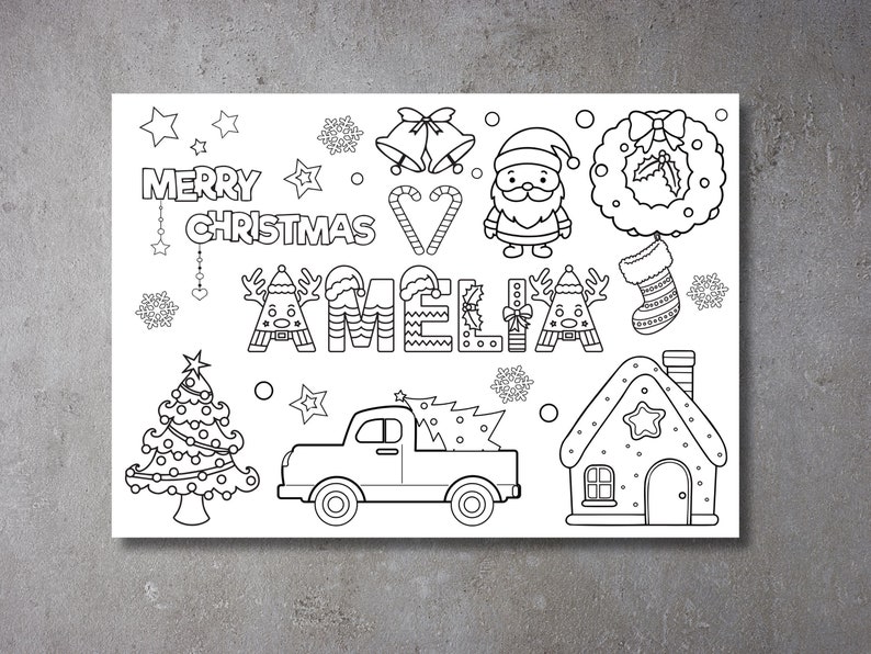 May include: A black and white colouring page with a Christmas theme. It features the words "Merry Christmas Amelia" along with images of Santa Claus, a Christmas tree, a gingerbread house, a truck with a Christmas tree in the back, candy canes, a wreath, and snowflakes.