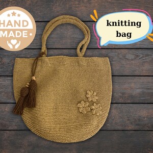 Bohemian Chic Handcrafted Paper Rope Knitting Bag with Floral Appliqué and Tassel Details