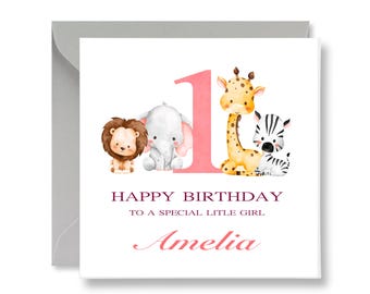 Safari Animal 1st Birthday Card, Baby Girl Gift, with Gift Tags