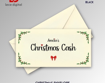 May include: A cream-coloured rectangular envelope featuring a festive design with green holly leaves and red berries in each corner. The text reads Amelia's Christmas Cash in black, accented by a small red heart and a red bow graphic centred below.