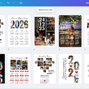 Könnte beinhalten: Eine Sammlung personalisierter Kalender mit Fotos, Daten und Text. Die Kalender zeigen verschiedene Designs, darunter herzförmige Collagen, das Jahr 2026 und den Text "365 días amarte". Das Gesamtthema ist romantisch und festlich.