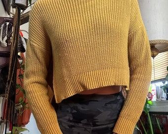 KLASSIEKE gele gebreide cropped trui met zijsplit