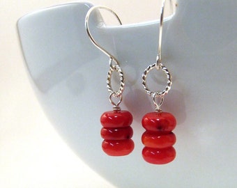 SALE - Red Bamboo Coral Earrings with Braided Stering Silver Hoops on Handmade Dangly Earwires - Gift Under 40