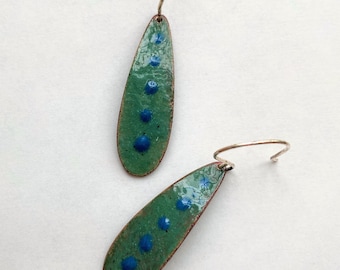 Enamel Teardrop Earrings in Aqua and Turquoise Blue on Sterling Silver Earrings, Handmade Copper Enamel Artisan Jewelry