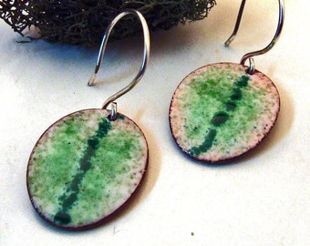 MINT LEAF Dangly Copper Enamel Earrings - Green and white Oval Leaves on Handmade Sterling Silver Ear Wires - Enameled Nature Jewelry