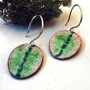 MINT LEAF Dangly Copper Enamel Earrings - Green and white Oval Leaves on Handmade Sterling Silver Ear Wires - Enameled Nature Jewelry
