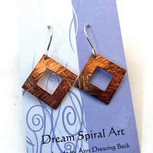 Dangly Hammered Copper Square Hoop Earrings with Hammer Texture on Sterling Silver Ear Wires Artisan Jewelry image 5