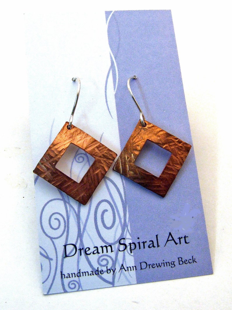 Dangly Hammered Copper Square Hoop Earrings with Hammer Texture on Sterling Silver Ear Wires Artisan Jewelry image 5