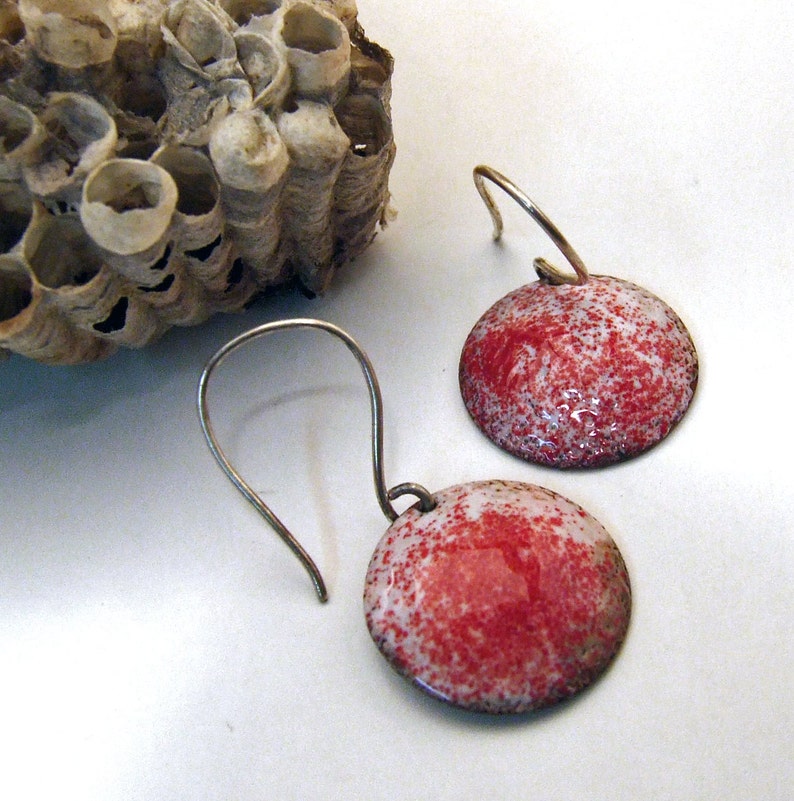 Enamel Earrings RED HOT Crimson Red and White Handmade Copper Enamel ...
