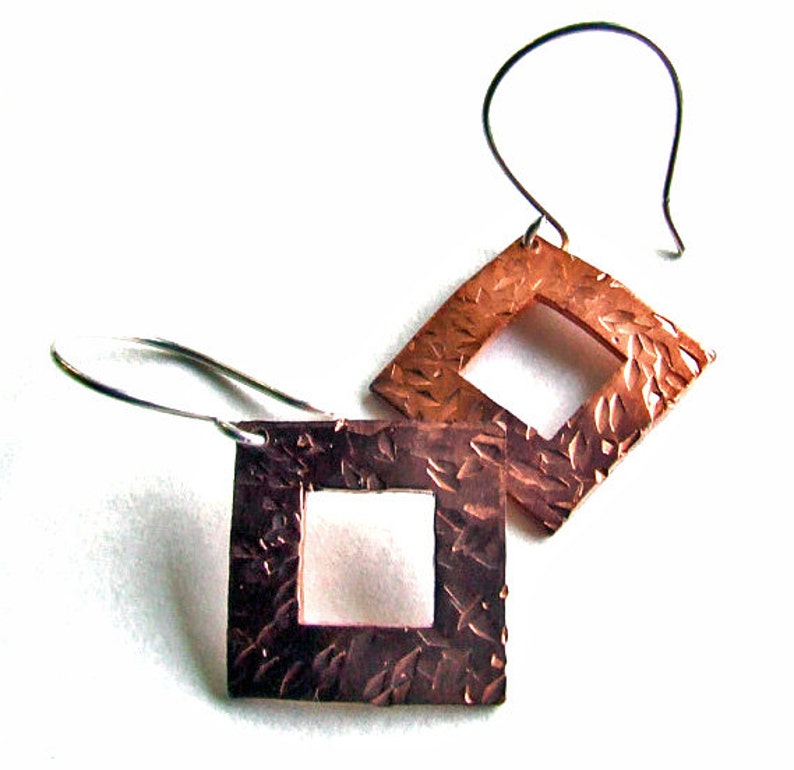 Dangly Hammered Copper Square Hoop Earrings with Hammer Texture on Sterling Silver Ear Wires Artisan Jewelry image 4