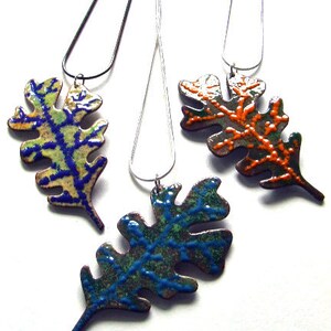 SALE AUTUMN OAK Leaf Copper Enamel Necklace in Orange and Dark Green One of a Kind Pendant on Sterling Silver Chain image 2