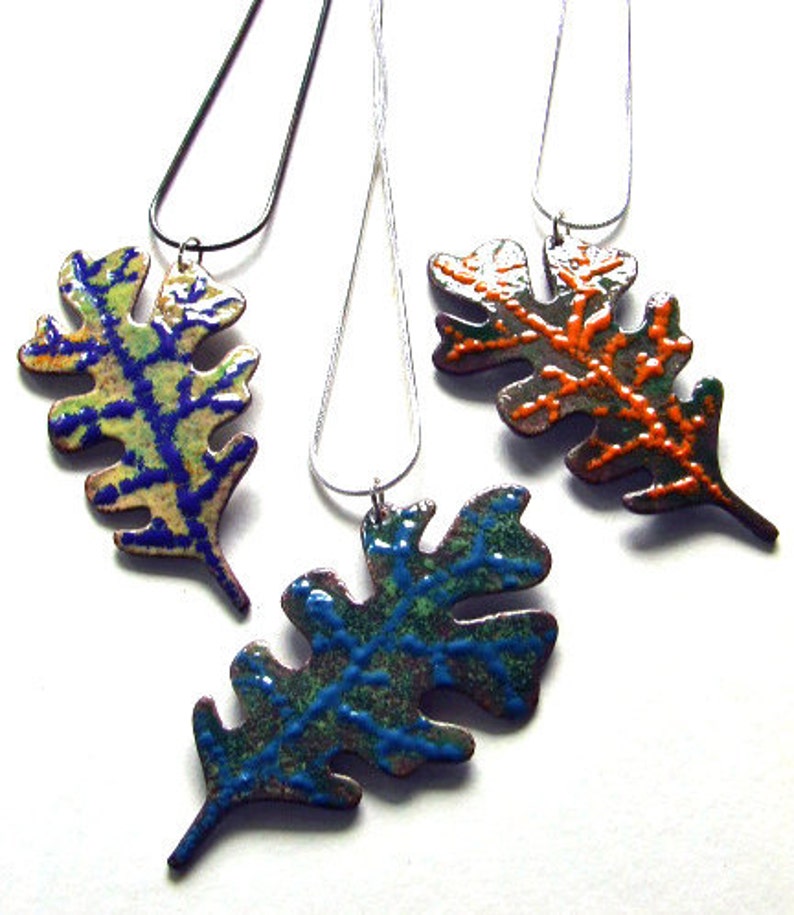 SALE AUTUMN OAK Leaf Copper Enamel Necklace in Orange and Dark Green One of a Kind Pendant on Sterling Silver Chain image 2