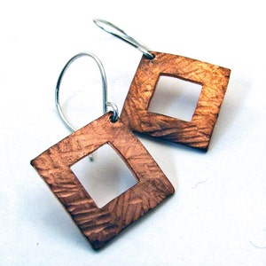 Dangly Hammered Copper Square Hoop Earrings with Hammer Texture on Sterling Silver Ear Wires Artisan Jewelry image 1