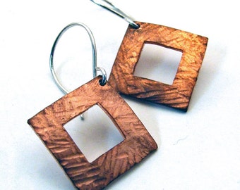 Dangly Hammered Copper Square Hoop Earrings with Hammer Texture on Sterling Silver Ear Wires - Artisan Jewelry