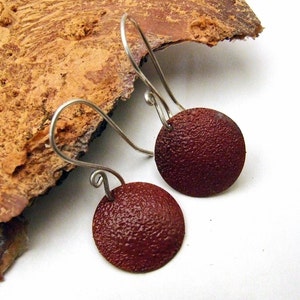 SALE Copper Enamel Earrings GINGERBREAD BROWN Medium Round Enameled Discs on Handmade Sterling Silver Dangly Wires image 1