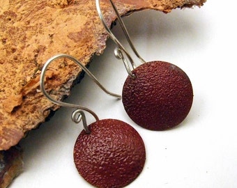 SALE - Copper Enamel Earrings GINGERBREAD BROWN - Medium Round Enameled Discs on Handmade Sterling Silver Dangly Wires