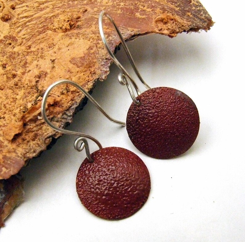 SALE Copper Enamel Earrings GINGERBREAD BROWN Medium Round Enameled Discs on Handmade Sterling Silver Dangly Wires image 1