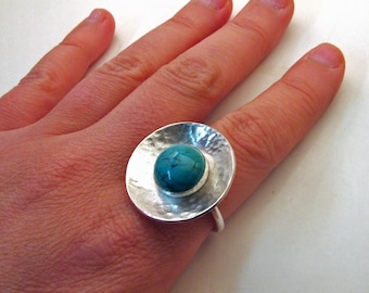 TURQUOISE GEM STONE and Sterling Silver Textured Cocktail Ring - One of a Kind Handmade Artisan Fine Metal Jewelry