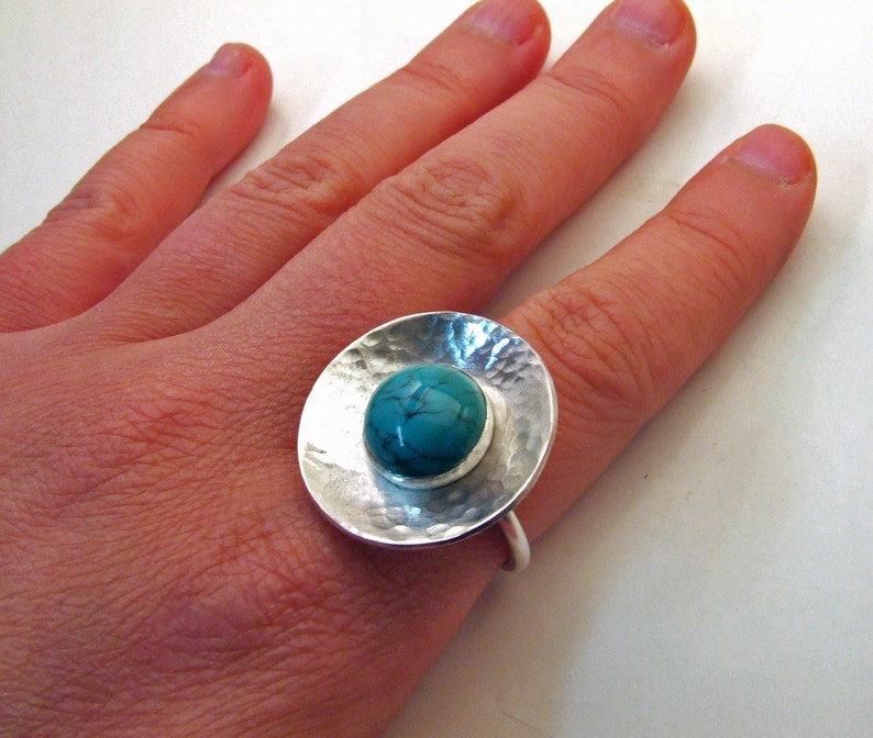 TURQUOISE GEM STONE and Sterling Silver Textured Cocktail Ring One of a Kind Handmade Artisan Fine Metal Jewelry image 1