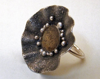 Sterling Silver Gold Resin Statement Ring - Handmade Size 7