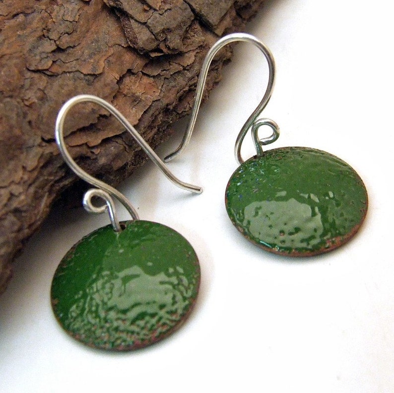 SALE Copper Enamel Earrings GINGERBREAD BROWN Medium Round Enameled Discs on Handmade Sterling Silver Dangly Wires image 5