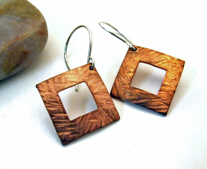 Dangly Hammered Copper Square Hoop Earrings with Hammer Texture on Sterling Silver Ear Wires Artisan Jewelry image 2