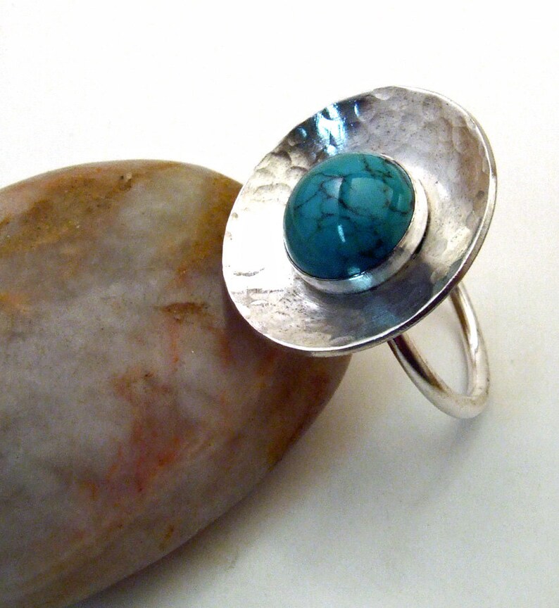 TURQUOISE GEM STONE and Sterling Silver Textured Cocktail Ring One of a Kind Handmade Artisan Fine Metal Jewelry image 4