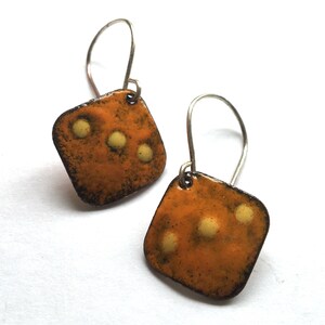 TRIBAL Earrings in Orange and Yellow - Diamond Shaped Copper Enamel Rustic Artisan Earrings on Handmade Sterling Silver Wires