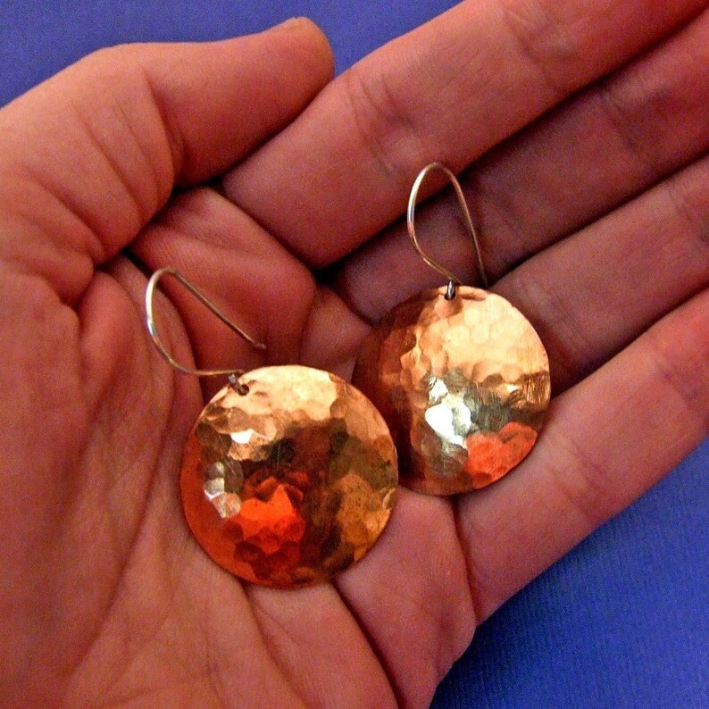 Sexy SATURN Hammered Copper Disc Earrings, 1 inch Handmade Circles on Sterling Silver Dangly Wires Rustic Artisan Jewelry image 5