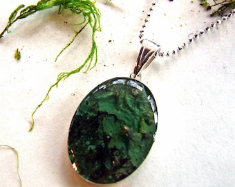 LICHEN and MOSS Necklace, Handmade Sterling Silver and Resin, Large Oval Pendant, Nature Woodland Jewelry from the Captured Collection