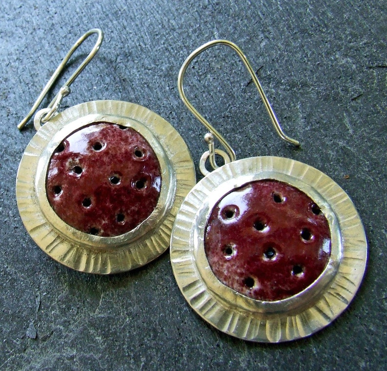 Cranberry Red JETSON EARRINGS Handmade Enamel and Sterling Silver One of a Kind Artisan Jewelry Fine Metal Statement Jewelry Holiday image 1