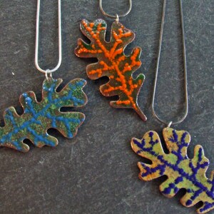 SALE AUTUMN OAK Leaf Copper Enamel Necklace in Orange and Dark Green One of a Kind Pendant on Sterling Silver Chain image 3