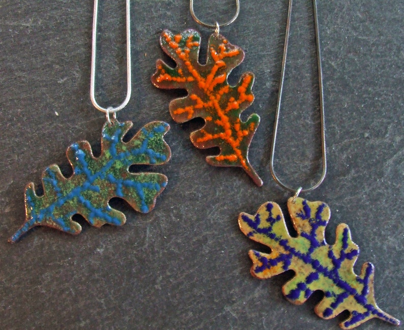 SALE AUTUMN OAK Leaf Copper Enamel Necklace in Orange and Dark Green One of a Kind Pendant on Sterling Silver Chain image 3
