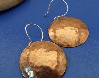 XL Hammered Copper Disc Earrings - QUEEN NEPTUNE -  1 1/4 inches Round on Sterling Silver Wires