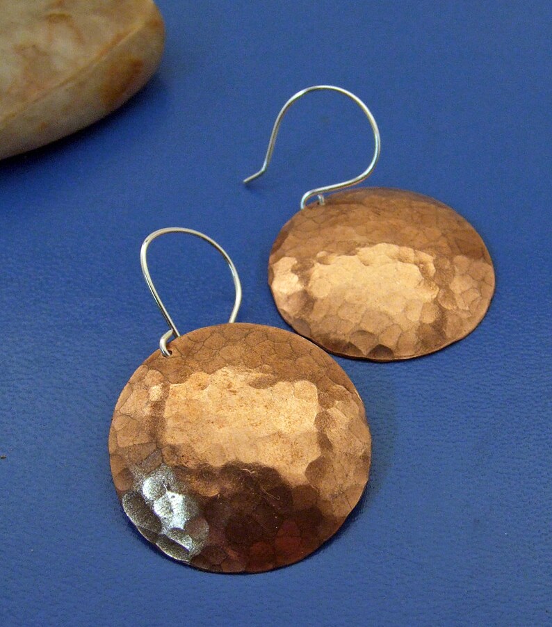XL Hammered Copper Disc Earrings QUEEN NEPTUNE 1 1/4 Inches Round on Sterling Silver Wires