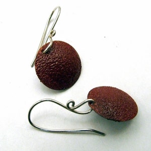 SALE Copper Enamel Earrings GINGERBREAD BROWN Medium Round Enameled Discs on Handmade Sterling Silver Dangly Wires image 2