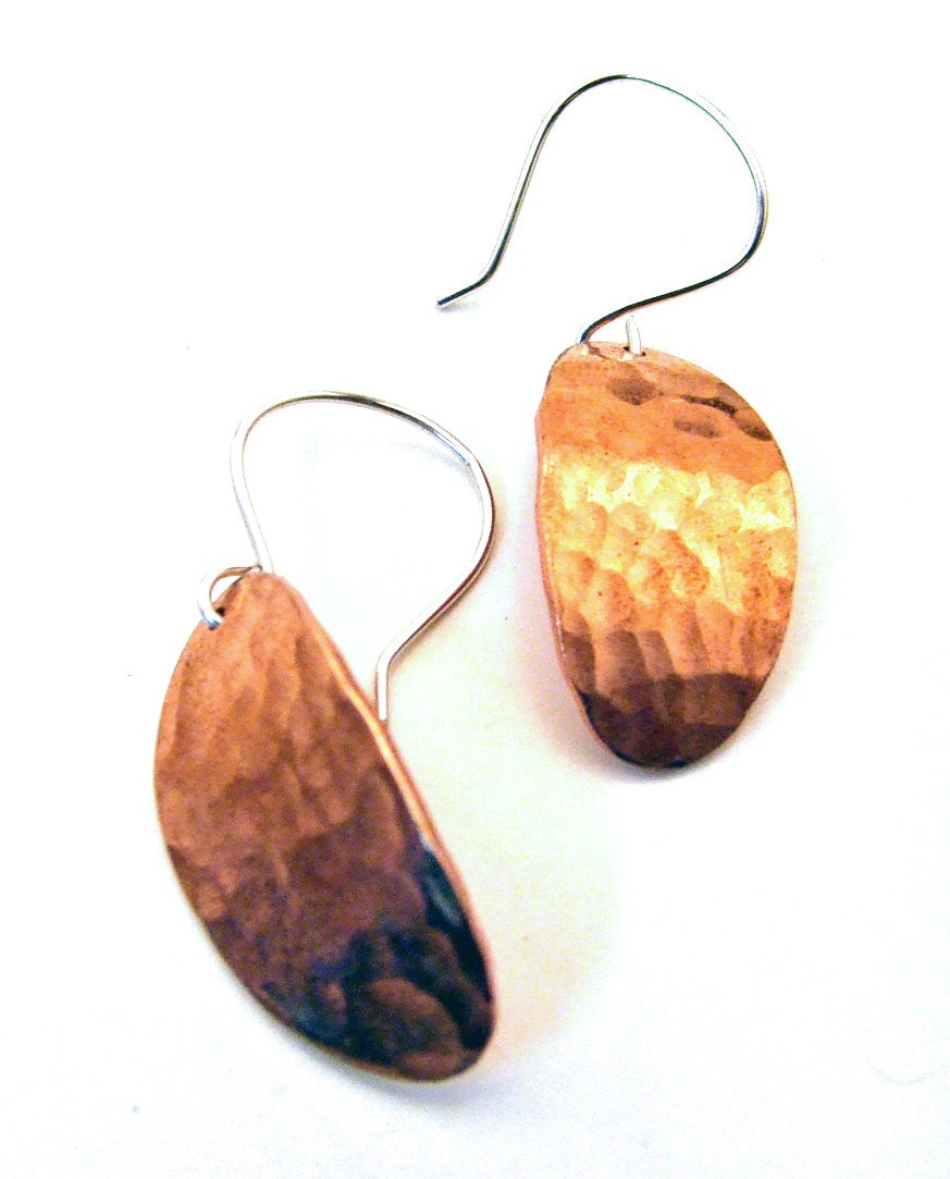 COPPER OVAL Dangly Hammered Metal Earrings on Sterling Silver - Etsy