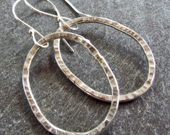 Sterling Silver HAMMERED HOOP Earrings Handmade Large Modern Oblong Textured 925 Metal Artisan Statement Jewelry