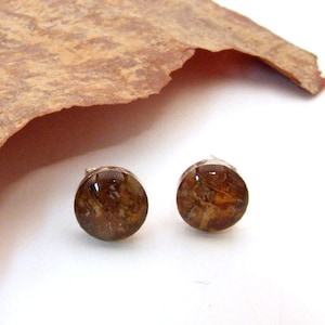 May include: A pair of round stud earrings with a brown and gold resin inlay. The resin has a marbled appearance.