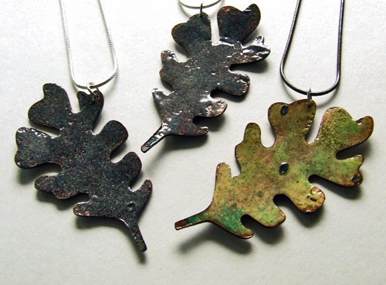 SALE AUTUMN OAK Leaf Copper Enamel Necklace in Orange and Dark Green One of a Kind Pendant on Sterling Silver Chain image 4