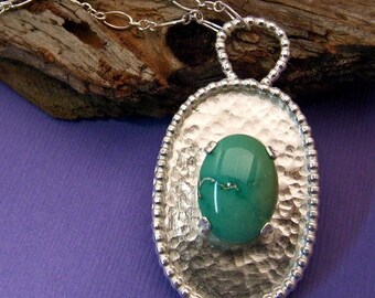 Sterling Silver Blue Turquoise Necklace - Large Hammered Metal Oval Pendant - One of a Kind Artisan Jewelry