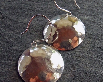 SEXY SATURN Hammered Sterling Silver Earrings, 1 inch Round Discs on Handmade Earwires
