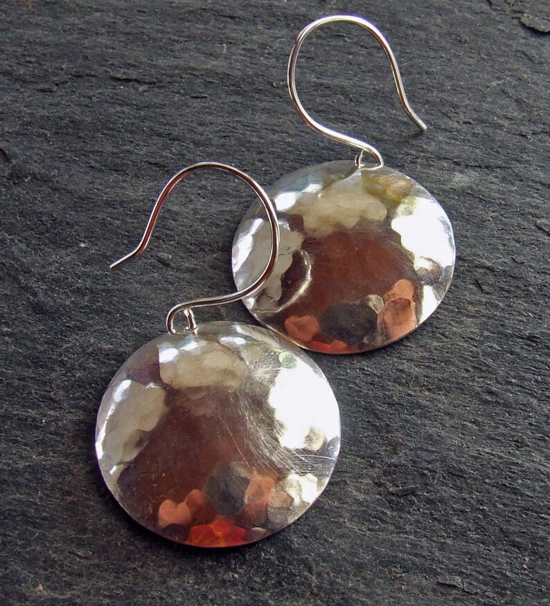 SEXY SATURN Hammered Sterling Silver Earrings, 1 inch Round Discs on Handmade Earwires image 1