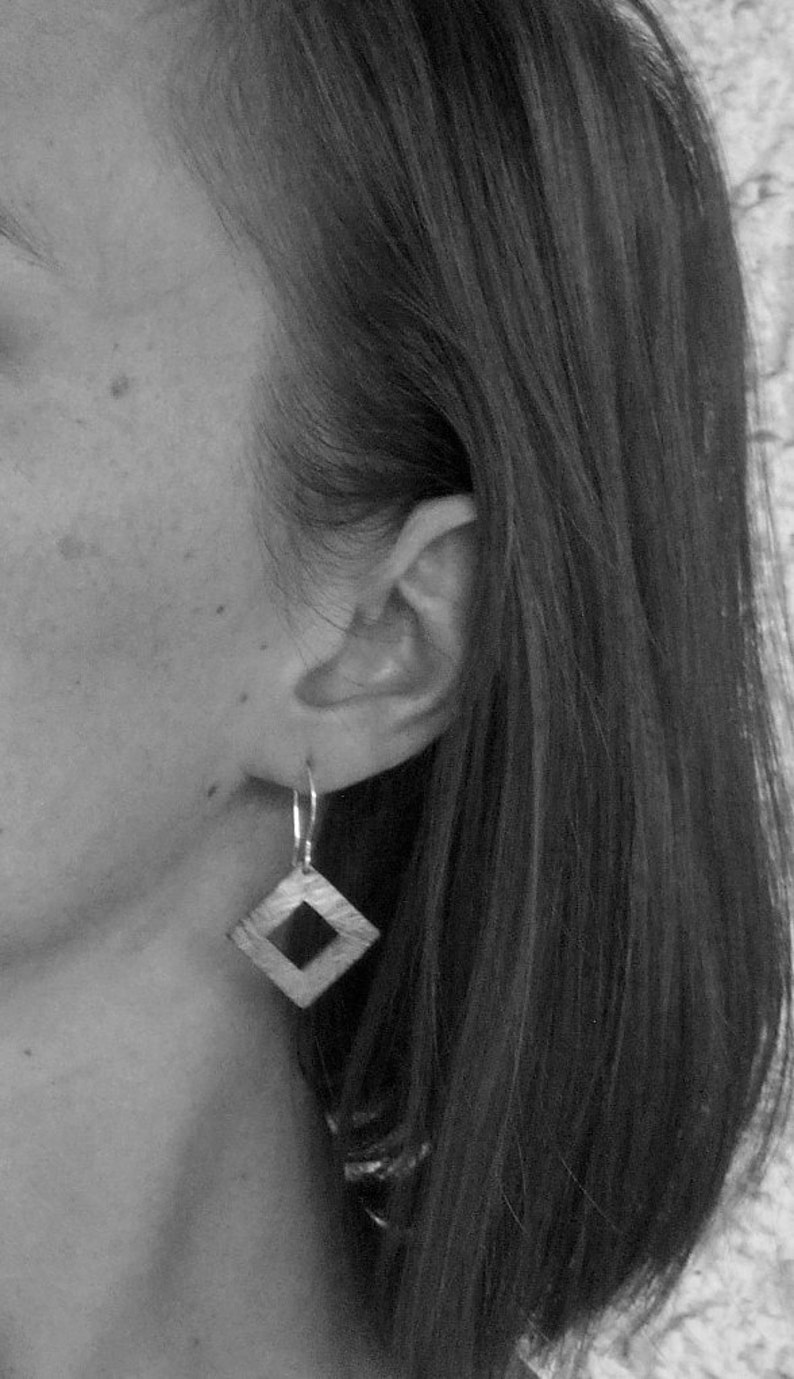 Dangly Hammered Copper Square Hoop Earrings with Hammer Texture on Sterling Silver Ear Wires Artisan Jewelry image 3