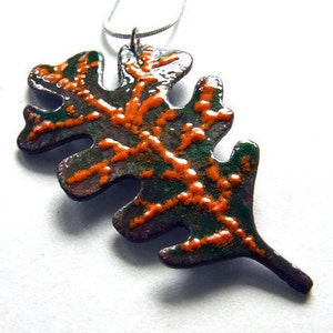 SALE AUTUMN OAK Leaf Copper Enamel Necklace in Orange and Dark Green One of a Kind Pendant on Sterling Silver Chain image 1