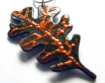 SALE - AUTUMN OAK Leaf Copper Enamel Necklace in Orange and Dark Green - One of a Kind Pendant on Sterling Silver Chain