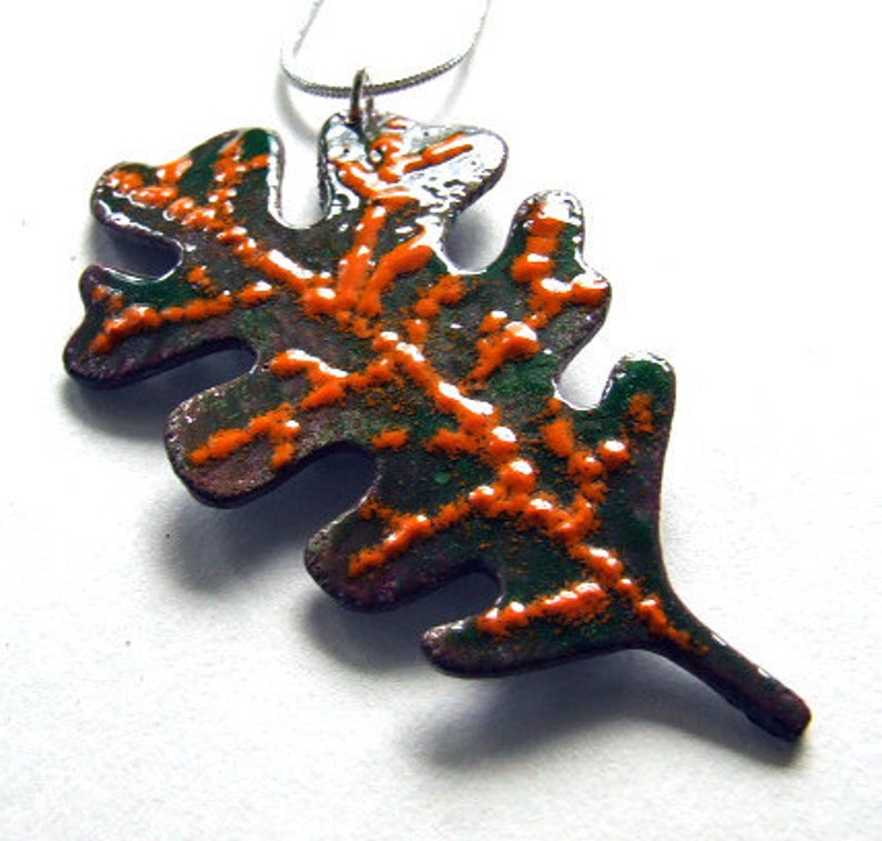 SALE AUTUMN OAK Leaf Copper Enamel Necklace in Orange and Dark Green One of a Kind Pendant on Sterling Silver Chain image 1