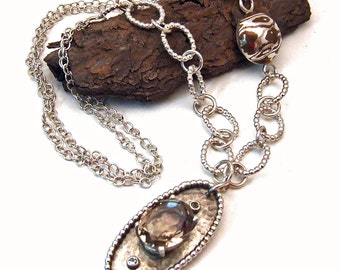 Sterling Silver, Whiskey Quartz, White Topaz, and Mokume Gane Wood Grain Metal - One of a Kind Fine Metal Artisan Jewelry - ADVICE NECKLACE