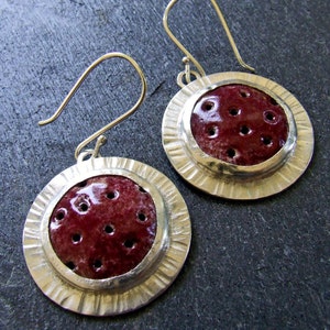 Cranberry Red JETSON EARRINGS Handmade Enamel and Sterling Silver One of a Kind Artisan Jewelry Fine Metal Statement Jewelry Holiday image 3